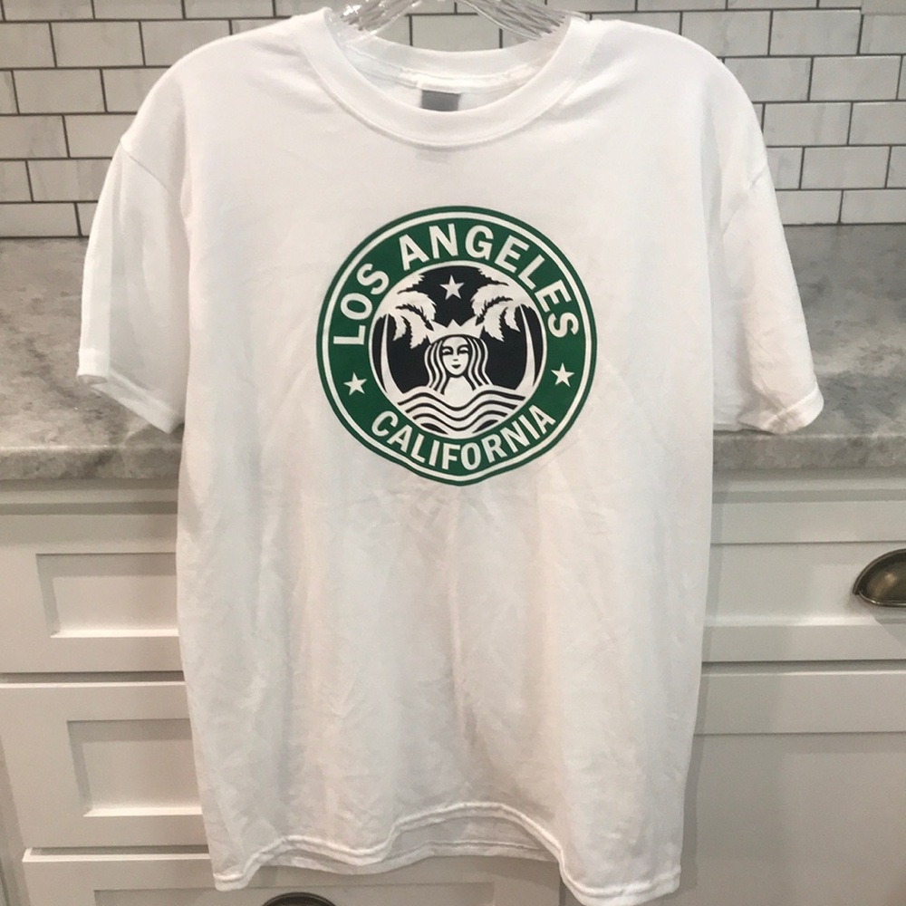 Starbucks Los Angeles Tee Shirt Womens Medium White Green Gildan